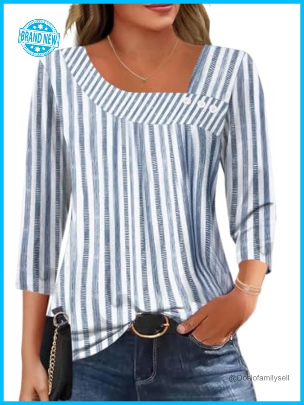 Womens 3/4 Sleeve Asymmetrical Neck Business Blouse Button Front Top